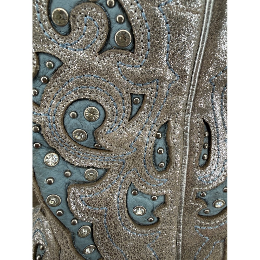 J.B. Dillon Bellflower Women's 8B Silver Leather Western Boots Blue Rhinestone - Picture 15 of 15